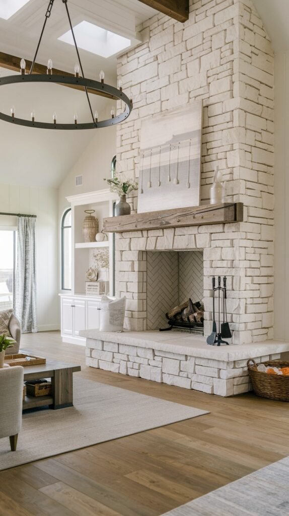A bright and airy modern farmhouse living room with a large light stone fireplace featuring a herringbone-patterned firebox and a rustic wooden mantel. A large circular chandelier and a skylight add modern design elements to the farmhouse setting. Light wood flooring and neutral furniture complete the look.