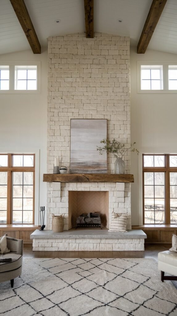 A grand modern farmhouse living room featuring a towering light stone fireplace and a rustic wooden mantel. The high vaulted ceiling with exposed wooden beams and large grid-pane windows create an expansive feel. A large patterned rug anchors the seating area, blending modern and farmhouse styles.