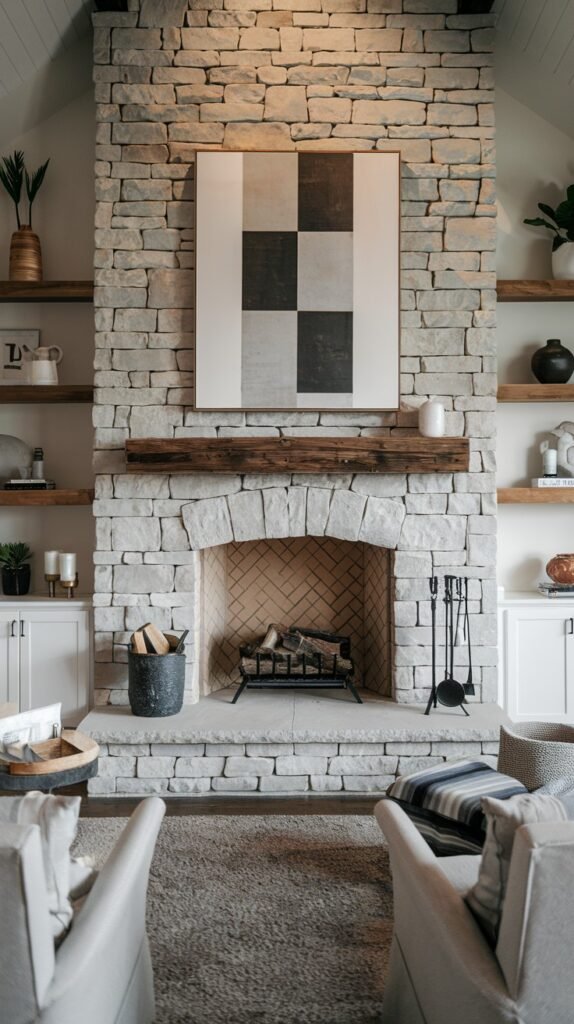 A symmetrically designed modern farmhouse living room with a floor-to-ceiling light stone fireplace, a rustic wooden mantel, and herringbone brick inside the firebox. Built-in white shelves flank the fireplace, displaying decorative items around a modern black and white checkerboard art piece.