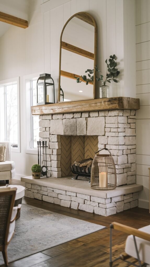 A cozy modern farmhouse living room with a prominent light stone fireplace, a wooden mantel, and a herringbone-patterned firebox. A large arched mirror above the mantel and a tall lantern on the hearth add decorative touches to this inviting space. White shiplap on the walls enhances the farmhouse feel.