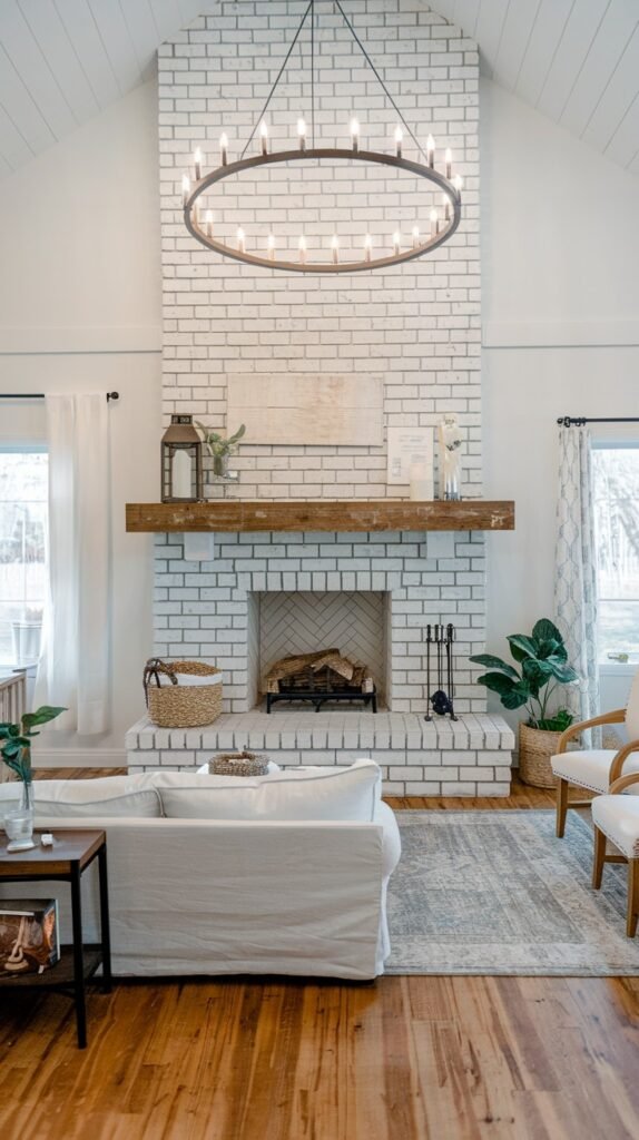 A bright and airy modern farmhouse living room dominated by a tall white brick fireplace with a rustic wooden mantel. A large circular chandelier hangs from the vaulted ceiling. The room is furnished with comfortable, light-colored seating and features large windows with white curtains, creating a light and open atmosphere.
