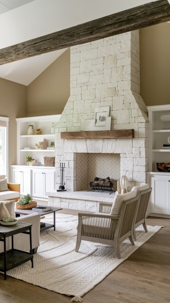 A welcoming modern farmhouse living room featuring a tall light stone fireplace with a wooden mantel and a herringbone pattern inside the firebox. Built-in white bookshelves flank the fireplace, displaying various decorative items. The room is furnished with light-colored seating on a textured rug, creating a harmonious and modern farmhouse setting.