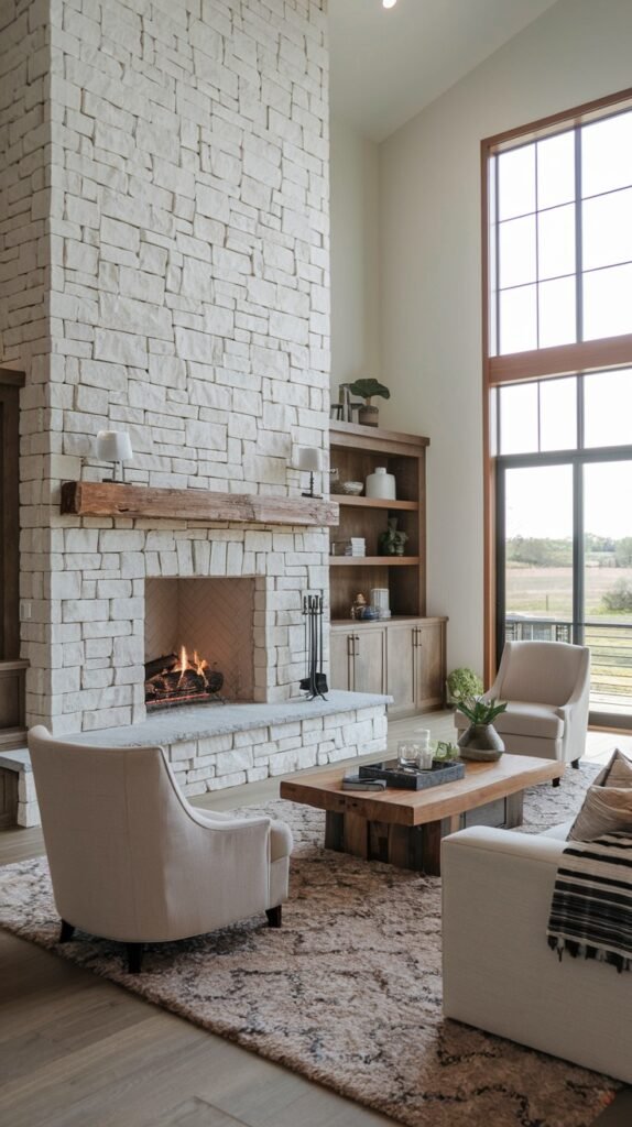 A modern farmhouse living room centered around a tall, light stone fireplace with a reclaimed wood mantel. A fire is burning in the fireplace. The room features high ceilings, large windows with views of the outdoors, and light-colored armchairs with a wooden coffee table, creating a warm and inviting atmosphere.