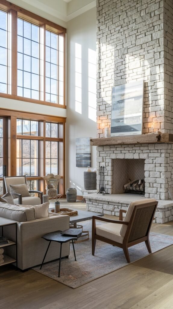 A modern farmhouse living room featuring a tall, light stone fireplace with a rustic wood mantel, large multi-pane windows with wood frames, and contemporary furniture including a light-colored sofa and a wood-framed armchair. The room has light wood flooring and receives ample natural light.