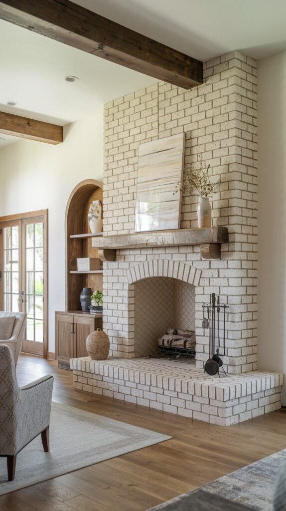 A cozy modern farmhouse living area showcasing a light brick fireplace with an arched firebox and a large wooden mantel. Exposed wooden beams cross the ceiling, and built-in wooden shelves with an arched top are visible to the left. The room has light wood flooring.