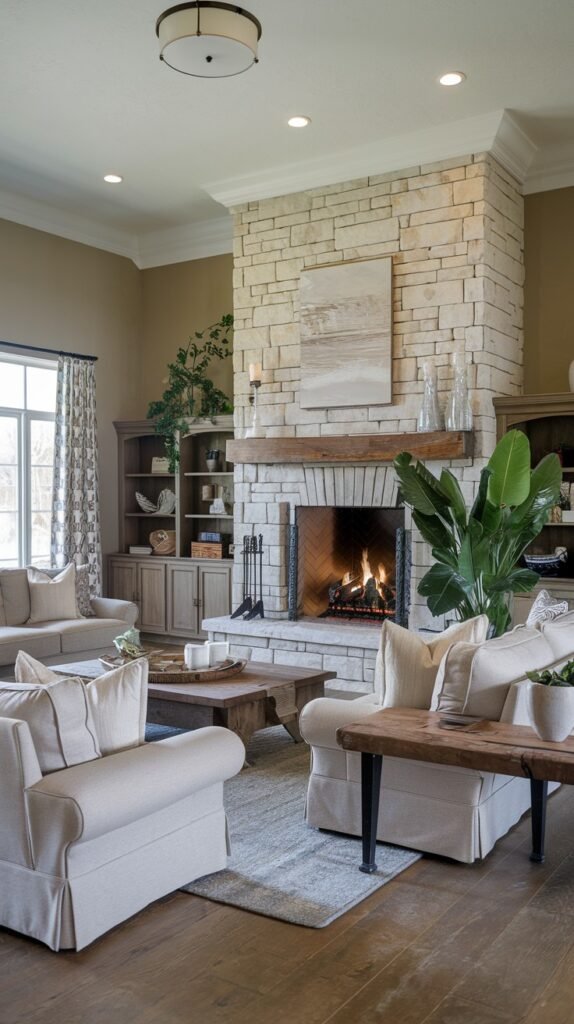 A traditional farmhouse living room with a prominent light stone fireplace and a rustic wood mantel. A large green plant adds a touch of nature, and comfortable light-colored upholstered furniture is arranged around a wooden coffee table, creating a cozy and welcoming space.