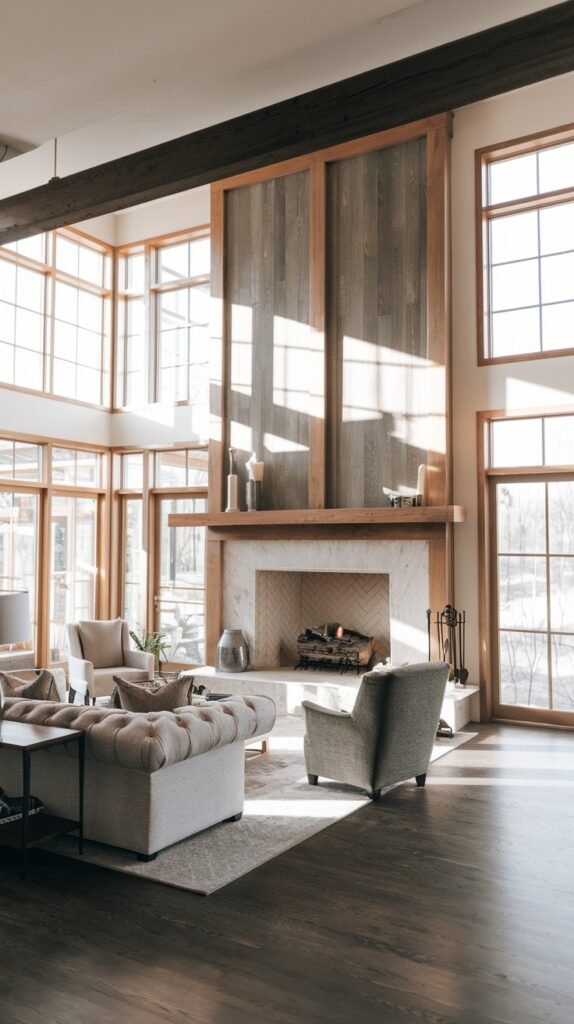 A spacious and modern farmhouse living room with a tall fireplace wall featuring wood paneling above a light mantel and firebox. Large grid-pane windows and glass doors flood the room with natural light. Exposed dark wood beams accent the high ceiling, and the furniture is arranged on a light rug.