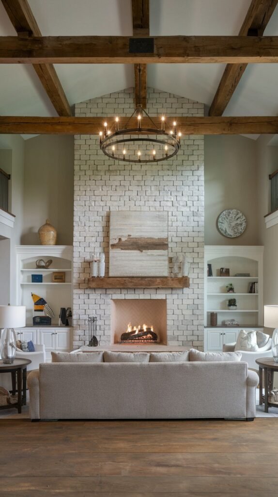 A modern farmhouse living room with a tall, white brick fireplace as the focal point, featuring an arched firebox and a rustic wooden mantel. Built-in white bookshelves flank the fireplace. A large circular chandelier hangs from the exposed wooden beams of the vaulted ceiling, adding a modern touch to the farmhouse aesthetic.
