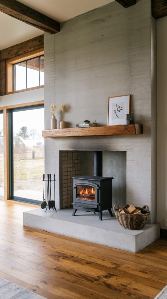 A unique modern farmhouse living space featuring a smooth concrete fireplace surround with a classic black wood-burning stove on a concrete hearth. A rustic wood mantel holds simple decor. Large windows offer views of the outdoors, blending industrial modern elements with farmhouse warmth.