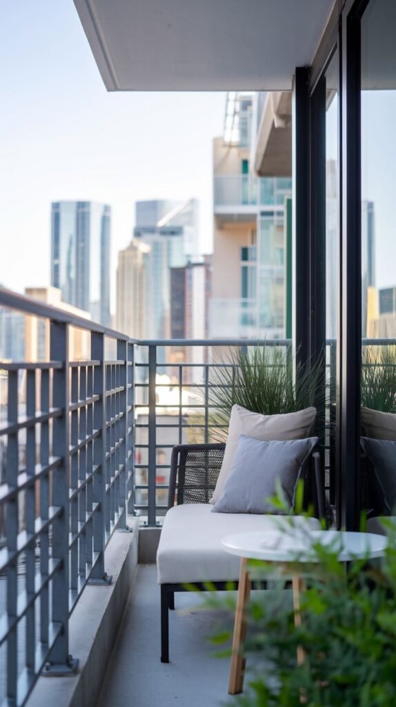 A small, modern urban balcony with a city skyline view. It includes a light-colored outdoor sofa, a round white side table, and tall green plants. The flooring is light concrete, and the railing is dark gray metal.