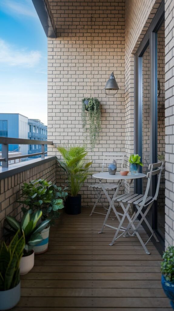 A small, modern balcony with light brown wooden plank flooring and light-colored brick walls. It is furnished with a gray metal folding table and two matching chairs. Numerous potted plants, including a hanging one and a large palm, enhance the space.