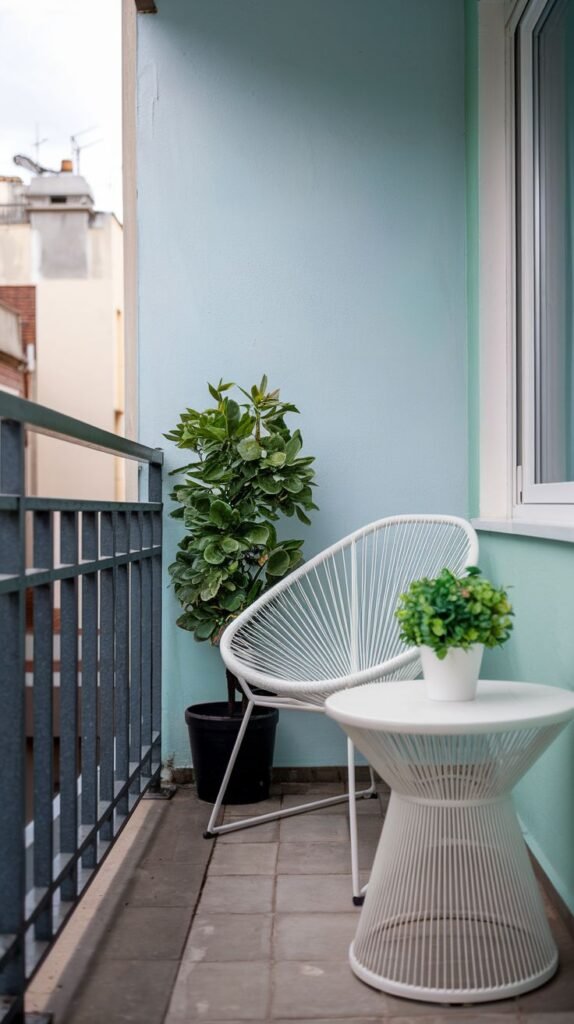 A small, modern balcony with light blue painted walls and light gray tiled flooring. It features a white wire-frame chair, a matching white wire-frame side table with a potted plant, and a tall green plant in a black pot.