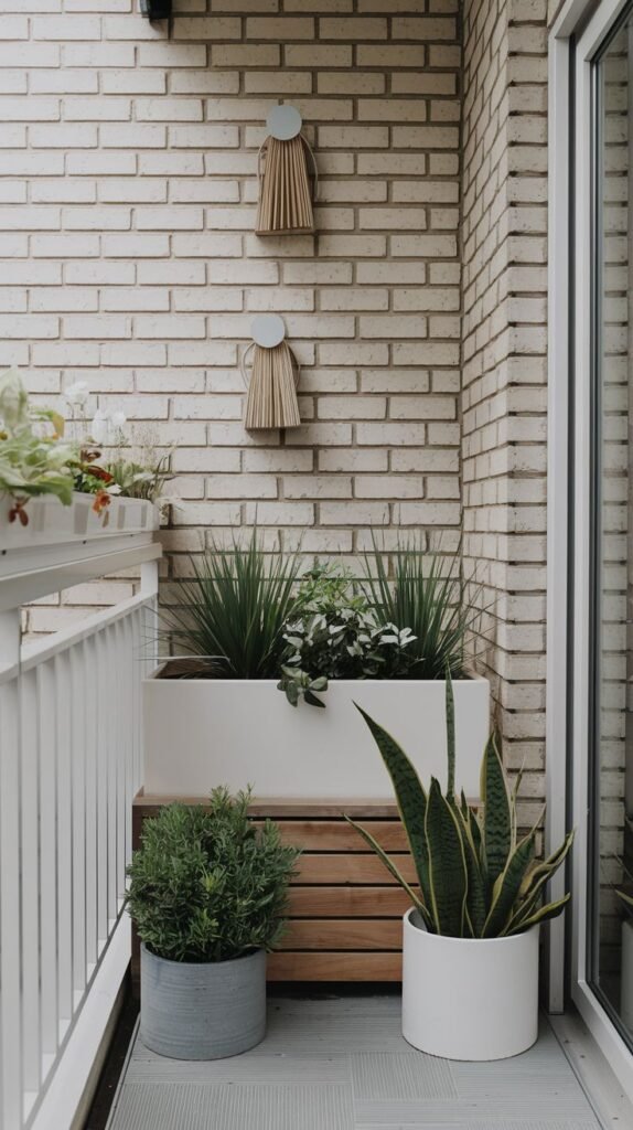A small, modern balcony with light-colored brick walls and light gray tiled flooring. It has a white railing and a large white planter box with a wooden base, filled with various green plants. Two decorative woven wall hangings are on the wall.
