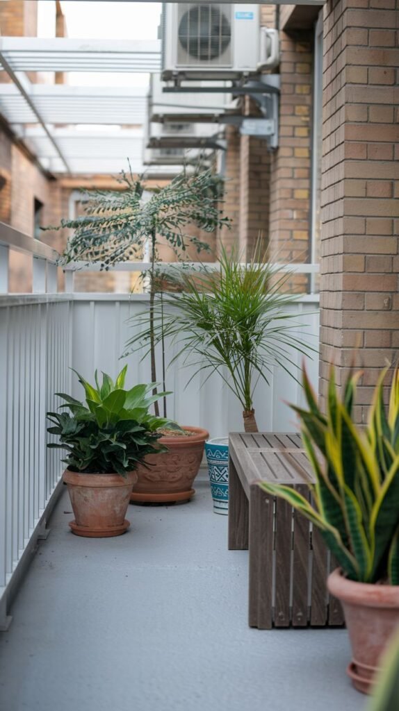 A small, modern balcony with light gray concrete flooring and a white railing. It features several potted plants, including a small tree and a palm, along with a wooden bench. An air conditioning unit is visible on the brick wall.