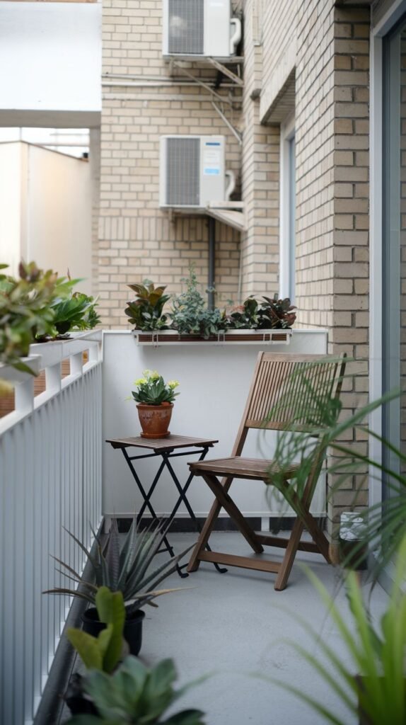A small, modern balcony with light gray concrete flooring and a white railing. It includes a wooden folding chair and a dark metal folding table with a potted plant. Various potted plants are arranged along the railing and on the floor, with an air conditioning unit on the brick wall.