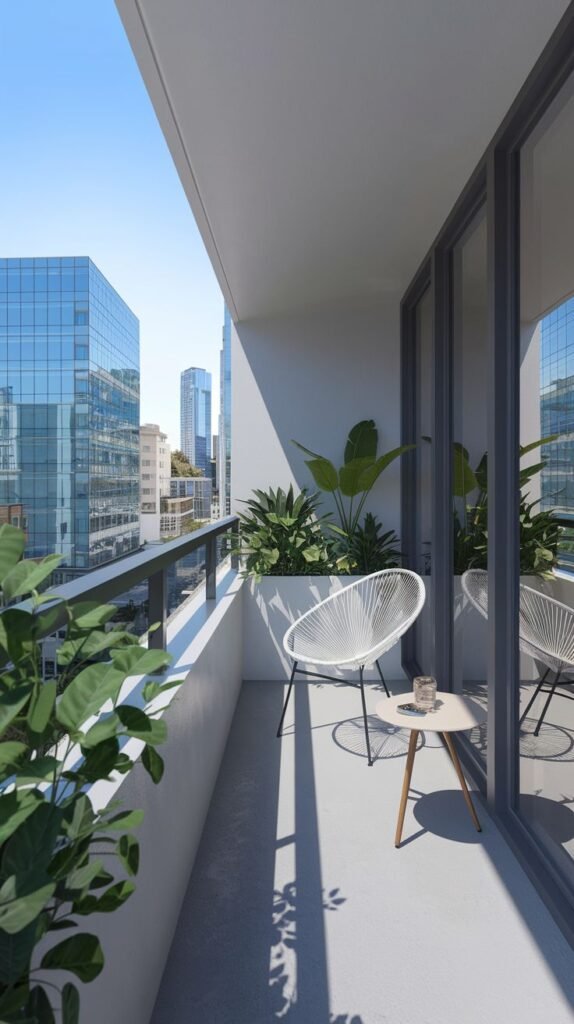 A small, modern city balcony with a light-colored concrete floor and dark metal railing. It features a white wire-frame chair, a light-colored round side table, and large green plants in a planter along the wall. The balcony offers a clear view of tall city buildings.