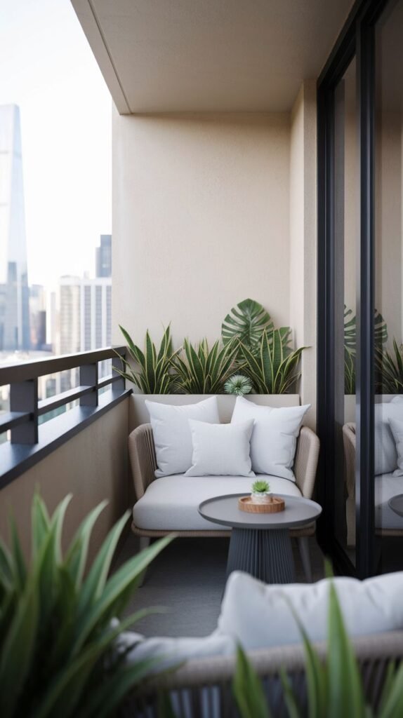 A small, modern balcony with a light-colored concrete floor and dark metal railing. It is furnished with a comfortable light-colored outdoor sofa with white pillows and a dark gray round side table. Tall, leafy green plants are arranged behind the sofa, overlooking a city skyline.