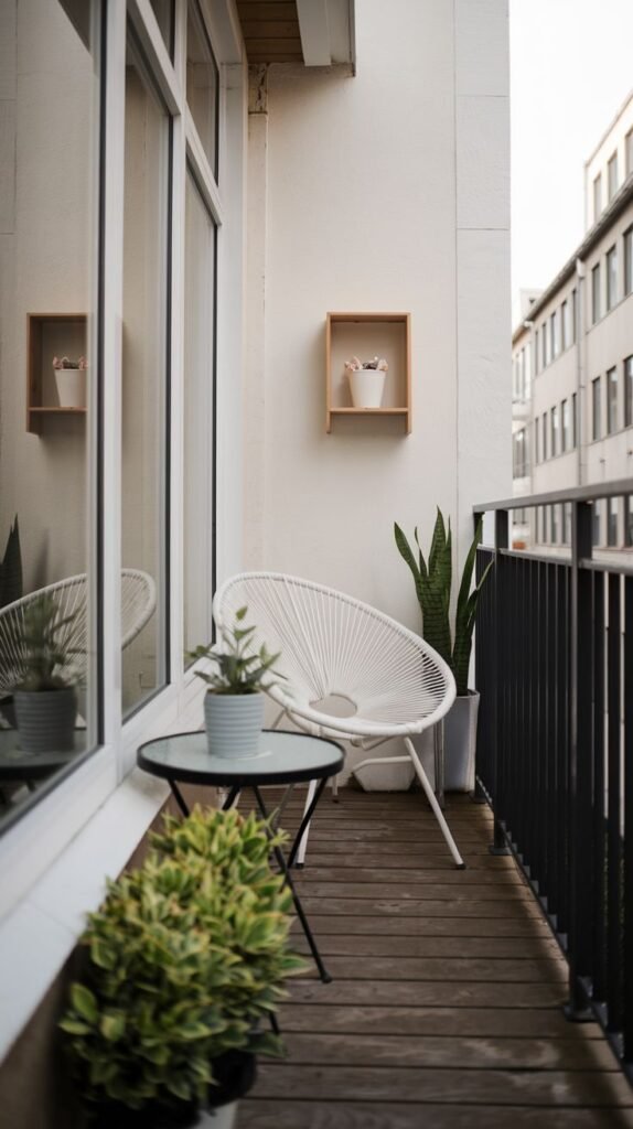 A small, modern balcony with dark wooden plank flooring and a white wall. It features a white wire-frame chair, a small round table with a potted plant, and two wooden shelves. Numerous potted plants are on the floor and windowsill, overlooking a street.