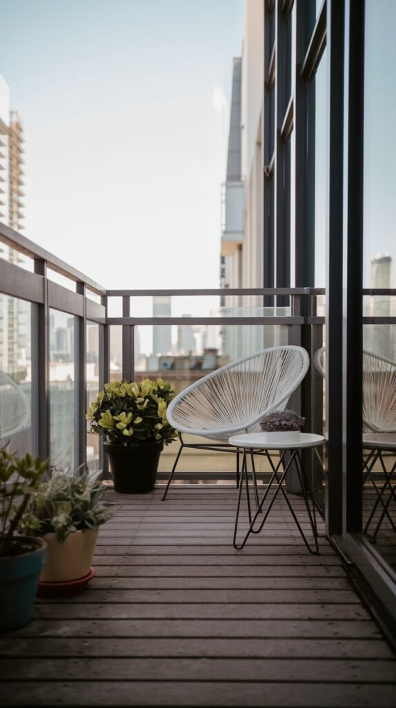 A small, modern balcony with dark wooden plank flooring and a glass railing. It features a white wire-frame chair, a black metal side table with a potted plant, and other potted plants including one with yellow flowers. The balcony offers a bright city view.