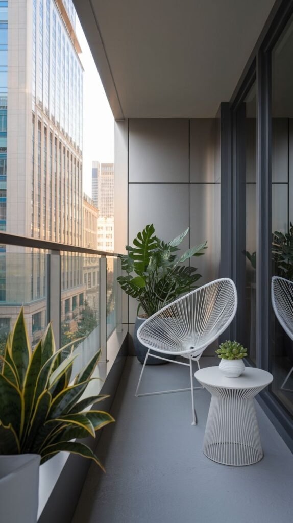 A small, modern apartment balcony featuring a white wire-frame chair, a matching round side table with a succulent, and large potted plants like a Monstera. The floor is light gray concrete, and the building exterior has silver-toned panels and large glass doors.