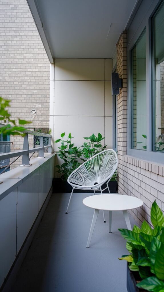 A small, modern balcony with light gray concrete flooring and a white wall. It features a white wire-frame chair and a white round table. Various green potted plants are arranged along the wall and floor. The building has a light-colored brick facade.