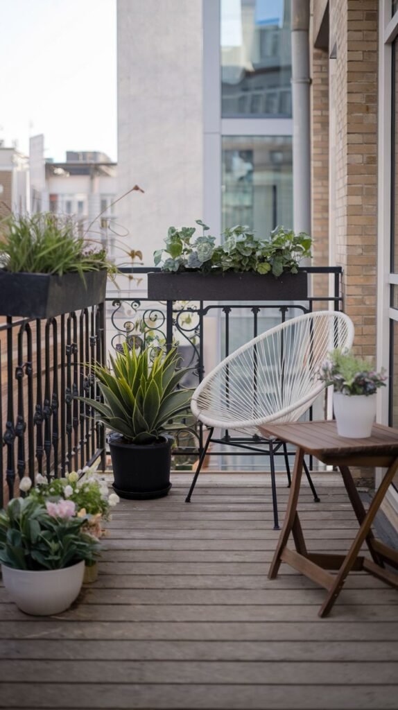 A small, modern balcony with dark wooden plank flooring and a black ornate metal railing. It features a white wire-frame chair and a wooden folding table with potted flowers. Numerous potted plants, including a large variegated agave, are arranged along the railing and on the floor.