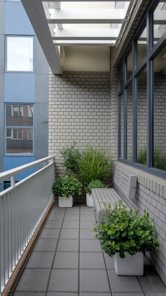 A small, modern balcony with gray tiled flooring and a light-colored brick wall. It features a light-colored bench and several white planters filled with green leafy plants and grasses. A white railing runs along the edge.