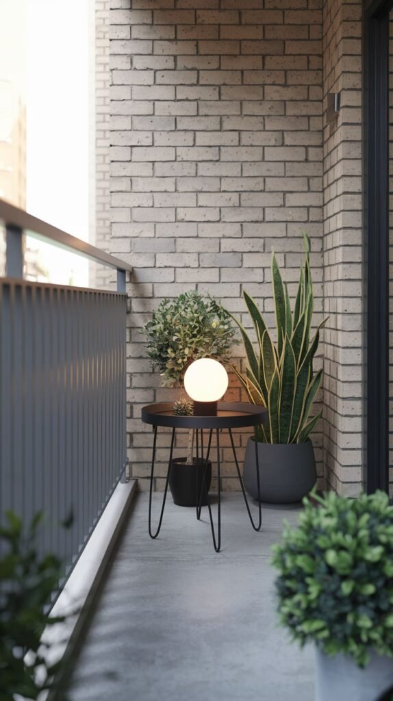 A small, modern balcony with light gray concrete flooring and a light-colored brick wall. It features a dark metal side table with an illuminated spherical lamp. A tall snake plant in a gray pot and a smaller bush-like plant are also present, with a dark gray metal railing.
