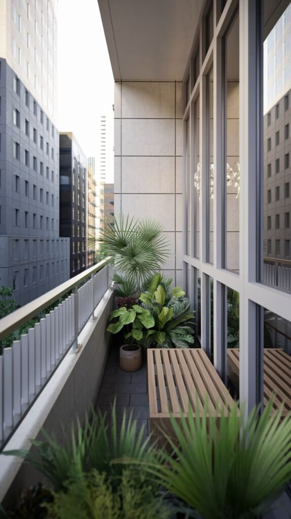 A small, modern balcony with dark gray tiled flooring and a light-colored brick wall. It features a light-colored wooden bench and several large potted plants, including a palm. A white railing runs along the edge, and the balcony offers a view of tall city buildings.