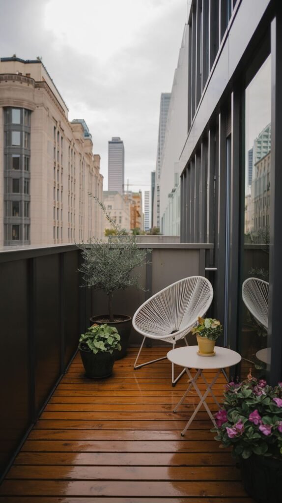 A small, modern balcony with dark wooden plank flooring, wet from rain, and a dark glass railing. It features a white wire-frame chair, a white folding table with a potted plant and flowers, and a small olive tree, overlooking a city street.