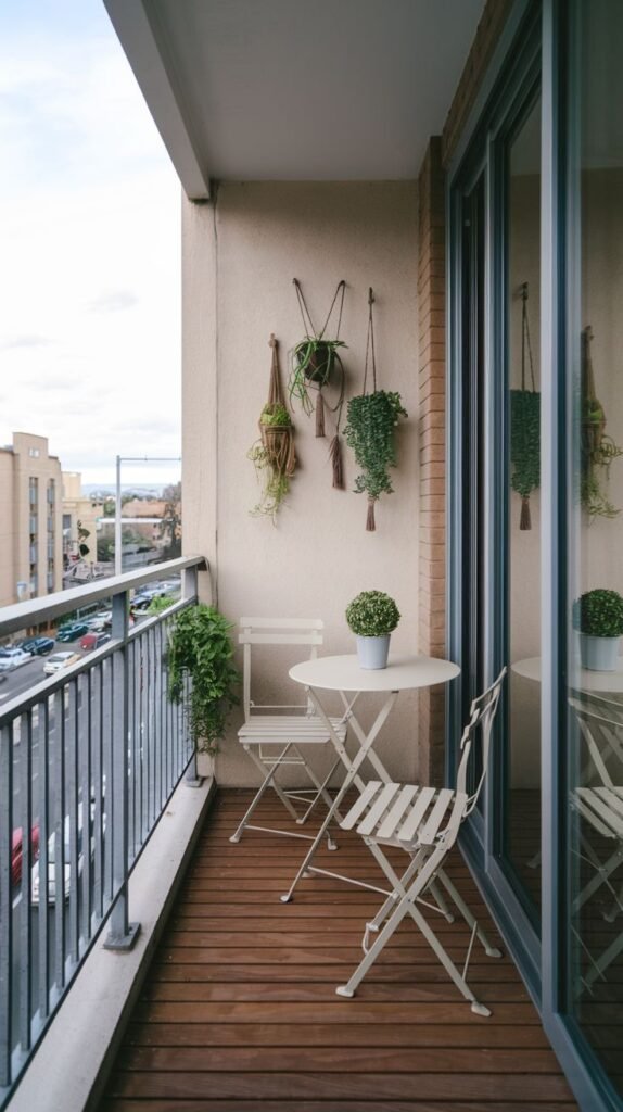 A small, modern balcony with dark wooden plank flooring and a light-colored wall. It features two light-colored folding chairs and a matching round table with a small potted plant. Three hanging planters adorn the wall, and the balcony overlooks a street with parked cars.
