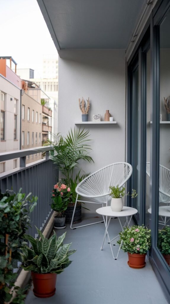 A small, modern balcony with light gray concrete flooring and a white wall. It features a white wire-frame chair, a white round side table with a potted plant, and a small white shelf. Numerous potted plants, including a tall palm and snake plant, are arranged throughout.