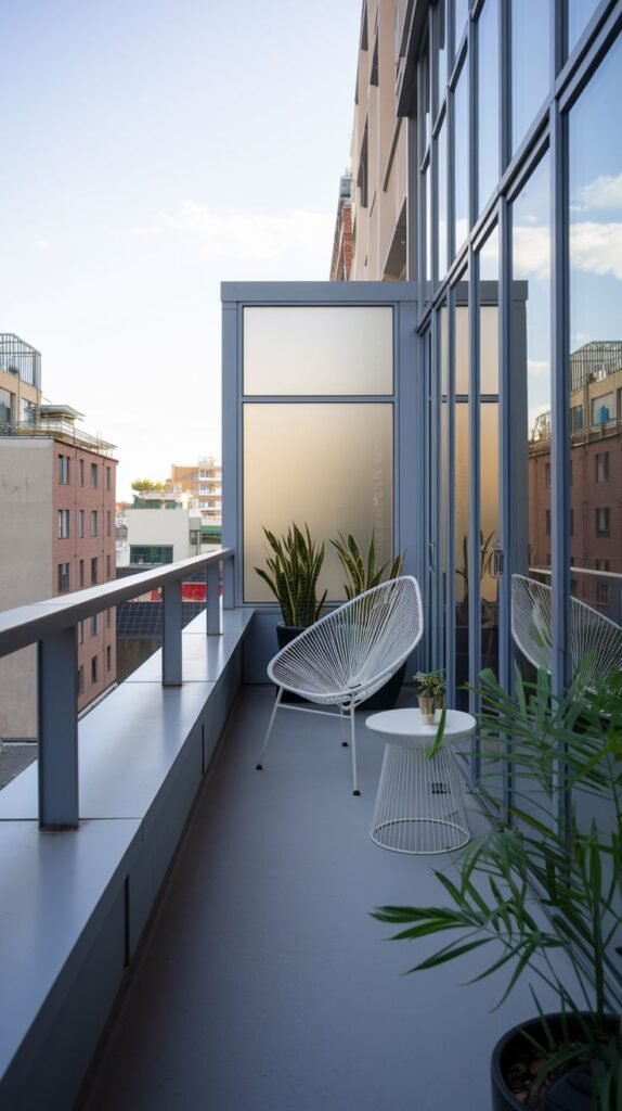 A small, modern balcony with light gray concrete flooring and a light-colored metal railing. It features a white wire-frame chair and a white wire-frame side table with a potted plant. Tall snake plants are in black pots, and the balcony overlooks city buildings with reflective glass facades.