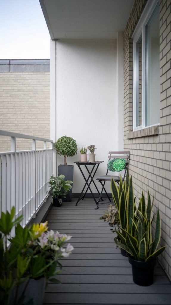 A small, modern outdoor balcony with dark gray plank flooring, a light-colored brick wall, and a white railing. It is furnished with a dark metal folding table, a wooden chair with a green tropical cushion, and several potted snake plants.