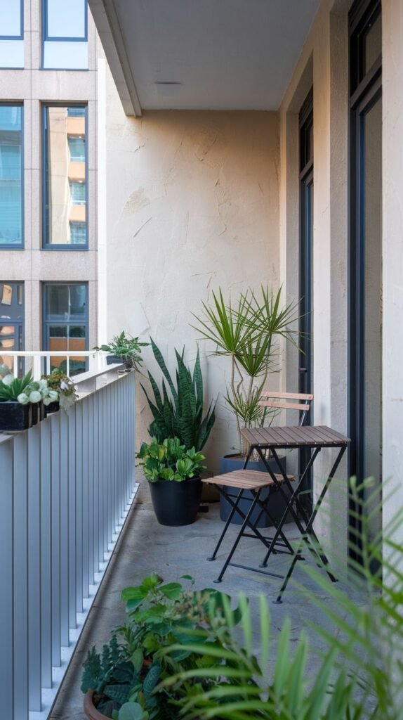 A small, modern balcony with light gray concrete flooring and a white railing. It features a dark wooden folding table and chair. Numerous potted plants, including snake plants and palms, are arranged along the wall and railing. The building exterior wall is light-colored and textured.