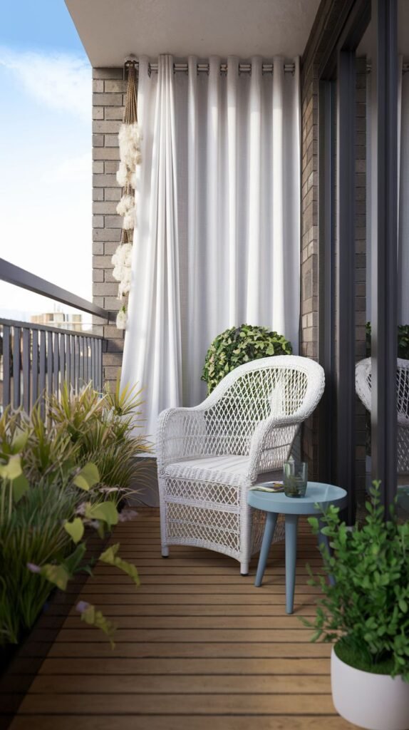 A small, modern balcony with wooden plank flooring and a dark metal railing. It features a white woven wicker-style chair, a light blue round side table, and tall white curtains. Various potted plants add greenery to the space.
