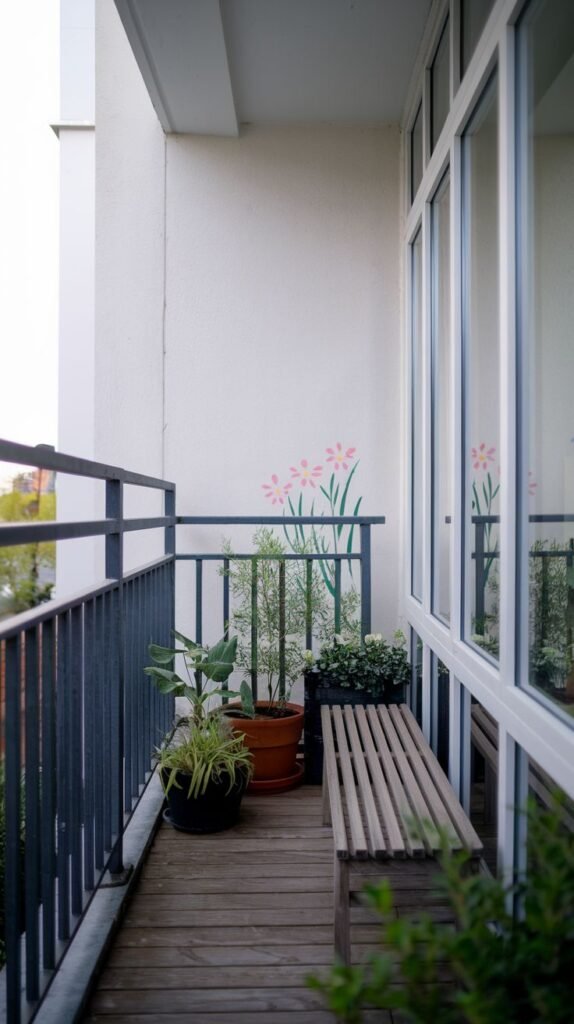 A small, modern balcony with a wooden floor, a dark metal railing, and white walls featuring a simple pink flower mural. It is furnished with a wooden bench and several potted plants.