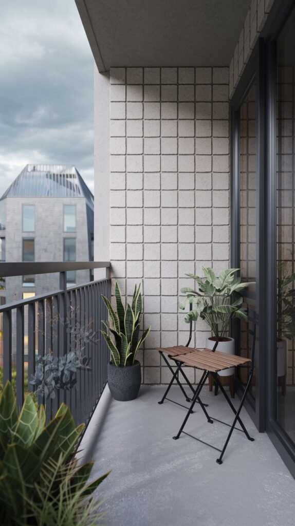 A small, modern balcony with light-colored concrete block walls and dark gray metal railings. The light gray concrete floor features two dark metal folding chairs with wooden seats and various potted plants, including snake plants, with a large building in the background.