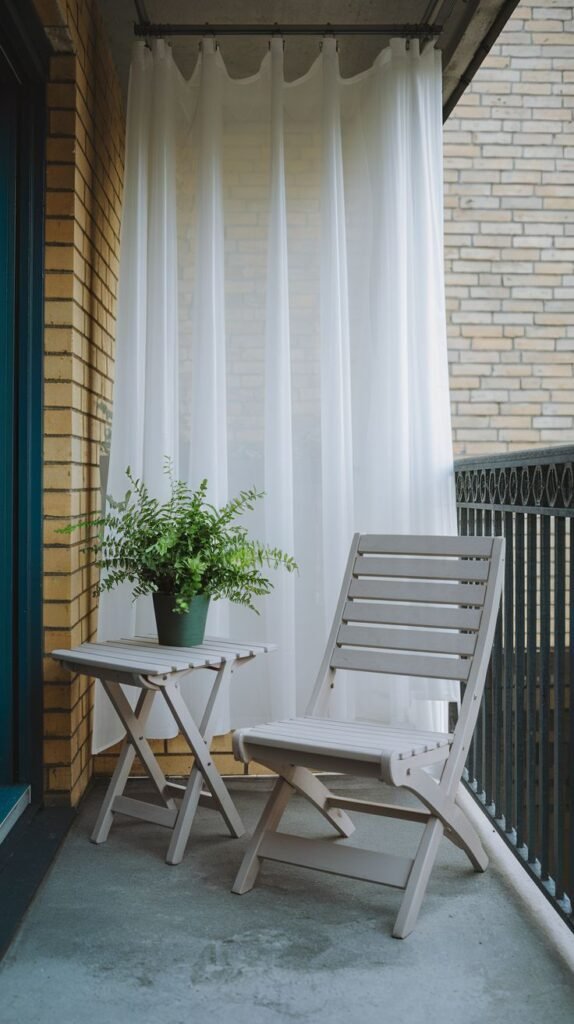 A small, modern balcony with a brick wall, dark metal railings, and light-colored folding furniture, including a chair and a small table with a potted fern. White sheer curtains provide privacy, and the floor is concrete.