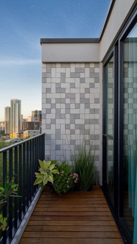 A small, modern balcony at night with a city skyline and a starry sky. It has dark wooden plank flooring, a dark metal railing, and a building wall with a gray and white mosaic tile pattern. A large planter is filled with grasses and small flowering plants.
