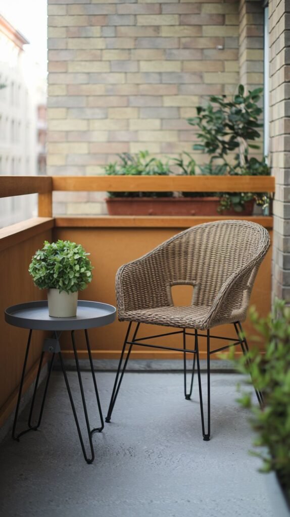 A small, modern balcony with brick walls and wooden accents. It features a light brown woven wicker-style chair, a small gray round table with black metal legs, and a potted green plant. Planter boxes with greenery are also present along the wall.