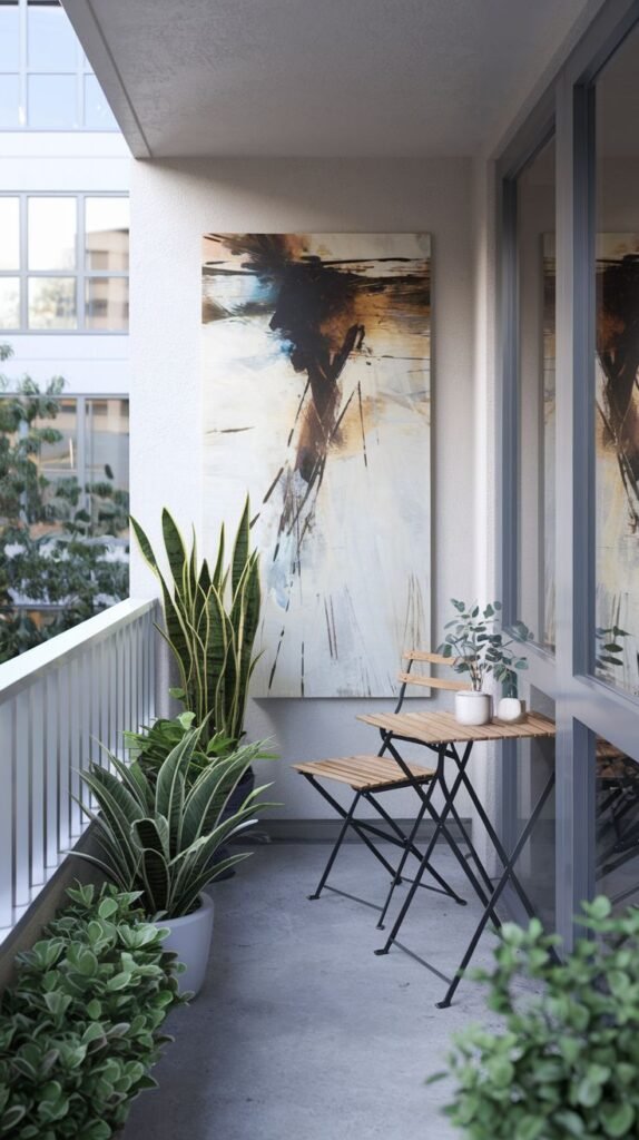 A small, modern balcony with concrete flooring and a white railing. A large abstract painting hangs on the white wall. The space is furnished with two dark metal folding chairs, a matching table with small potted plants, and tall snake plants in white pots.