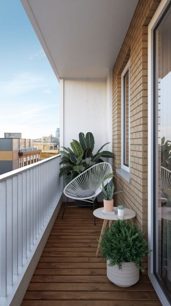 A small, modern balcony with light brown wooden plank flooring, a light-colored brick wall, and a white railing. It features a white wire-frame chair, a small round side table with a succulent, and several large potted plants.