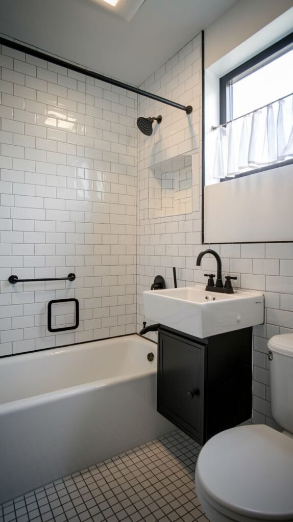 A small, modern bathroom with a white subway tiled shower-bathtub combination that includes black fixtures and a glass panel. It features a compact black floating vanity with a white sink and a toilet. A window with a sheer curtain is visible.