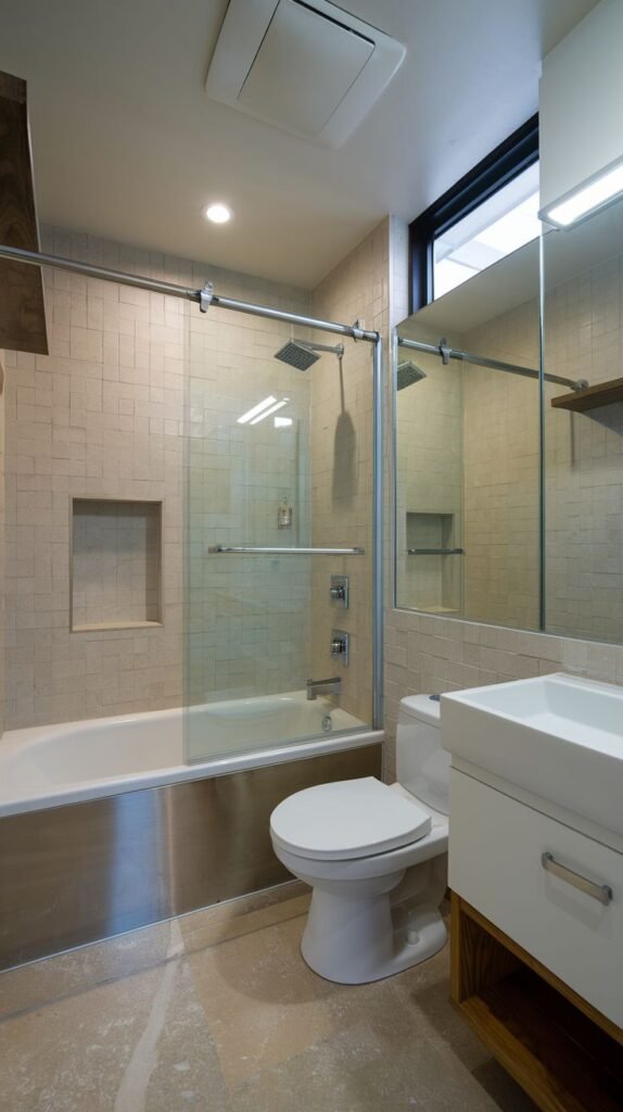 A small, modern bathroom with beige square wall tiles, a bathtub enclosed by a glass shower screen, and a white floating vanity with a rectangular sink. A toilet is situated next to the vanity.