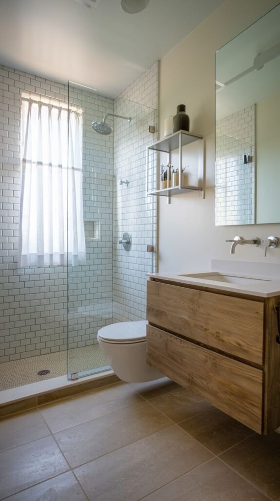 A small, modern bathroom showcasing white subway tiles in the shower and light brown floor tiles. It features a frameless glass walk-in shower, a floating wooden vanity, and a toilet.