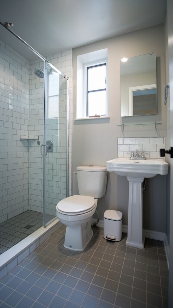 A small, modern bathroom with white subway tiles in the glass-enclosed shower, a classic pedestal sink, and a toilet. The flooring consists of grey square tiles.
