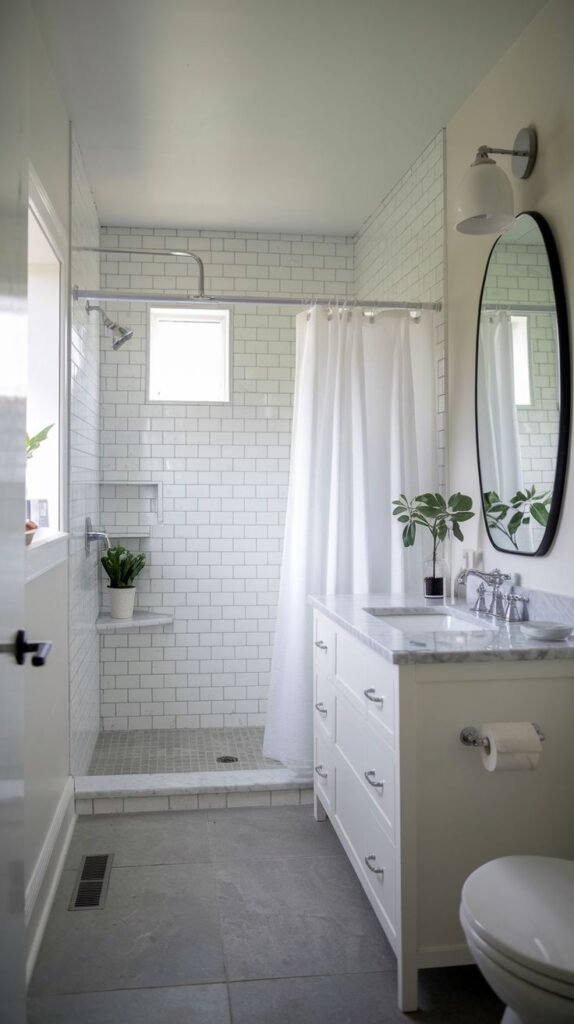 A small, modern bathroom featuring white subway tiles in the shower area and a glass shower enclosure. It includes a white vanity with a marble top and a toilet positioned alongside it.
