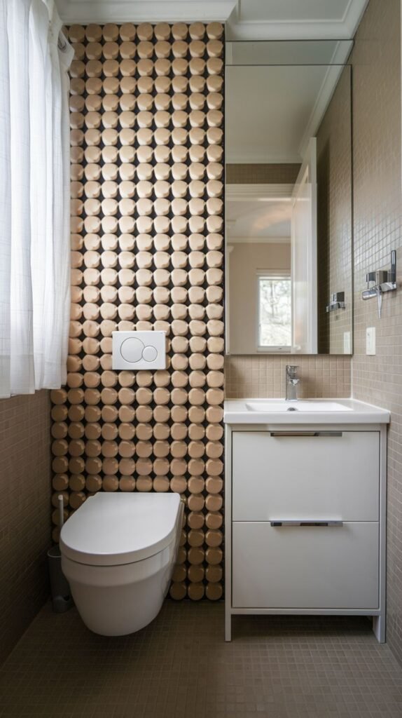 A small, modern bathroom with a distinctive light brown circular patterned accent wall behind the toilet. It is fitted with a white floating vanity and light beige square floor tiles.