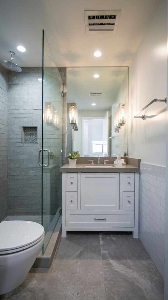 A small, modern bathroom with light grey square tiles in the walk-in shower, a glass shower door, and a white vanity with a light-colored countertop. A toilet is located adjacent to the shower.